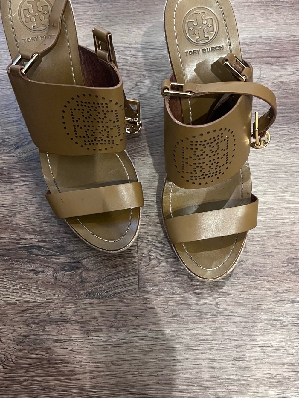 Tory Burch Cognac Leather Logo Perforated Slide Sandals